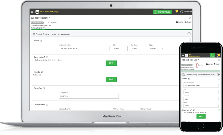 It is a MacBook Pro and an iPhone displaying a real estate workflow management platform interface