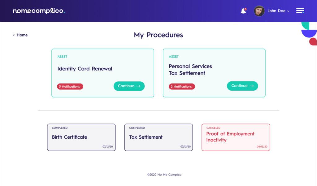 Screenshot of the NMC user dashboard featuring active procedures such as 'Identity Card Renewal' and 'Personal Services Tax Settlement,' both highlighted as 'ACTIVE.' Below, completed and canceled procedures like 'Birth Certificate' and 'Proof of Employment Inactivity' are displayed with respective completion dates.