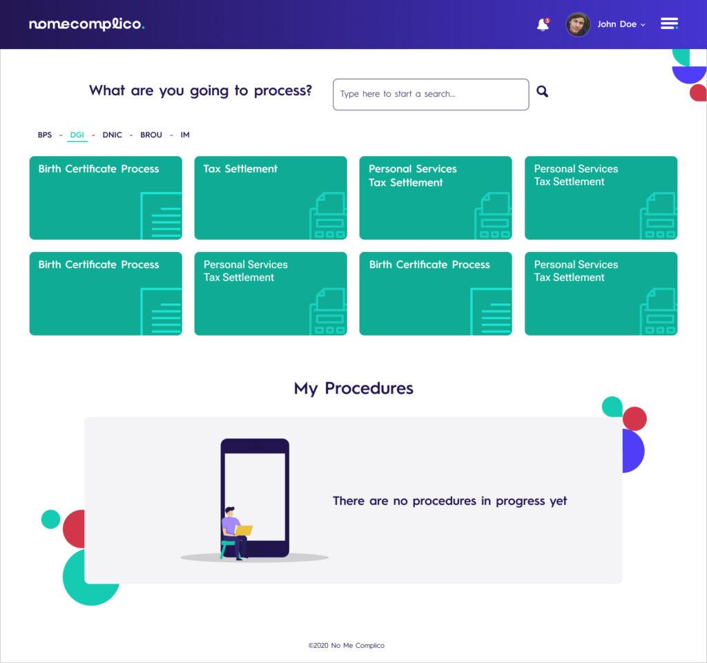 Dashboard screenshot of NMC web platform presenting a query bar asking "What are you going to process?" Options such as "Birth Certificate Process" and "Monotax Tax Settlement" are organized in a grid format. The "My Procedures" section at the bottom shows a message "There are no procedures in progress yet" with an accompanying illustration of a person sitting in front of a giant smartphone.