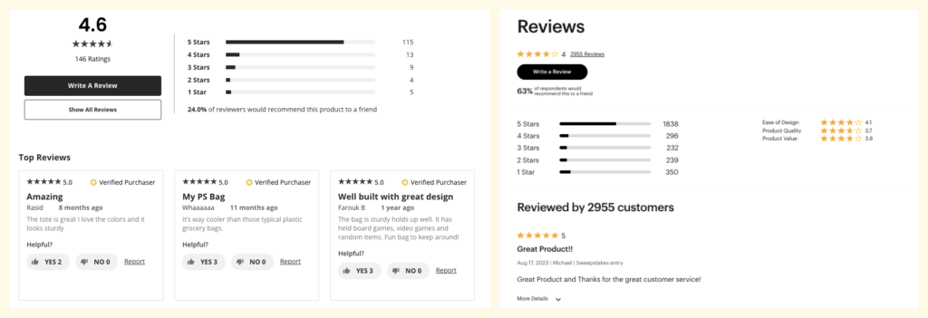Two screenshot showing examples of customer reviews pages