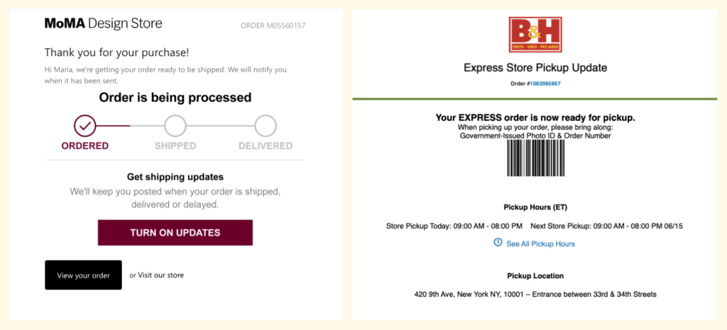 Two screenshot showing examples of automated emails from online stores