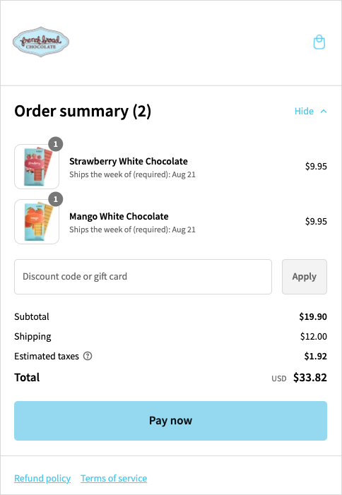 Screenshot showing a smooth and detailed checkout of a chocolate ecommerce