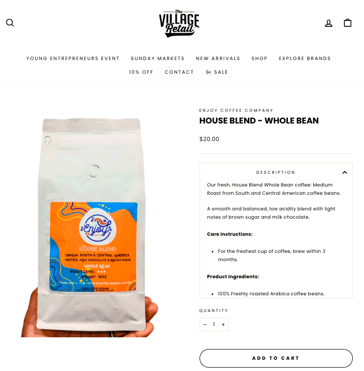 Screenshot showing descriptive details of a product on a e-commerce, in this case a coffee pouch