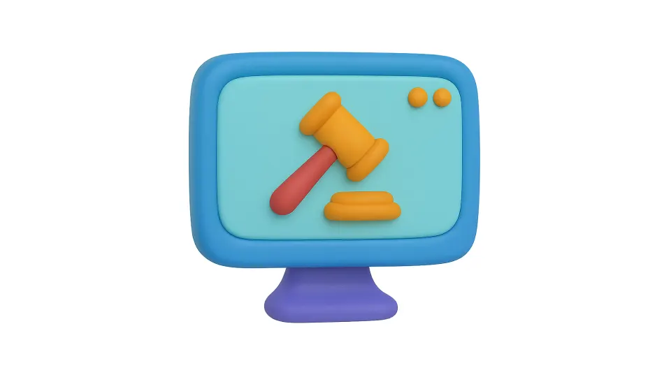 Illustration of an auction hammer on a screen representing trust in online auctions.