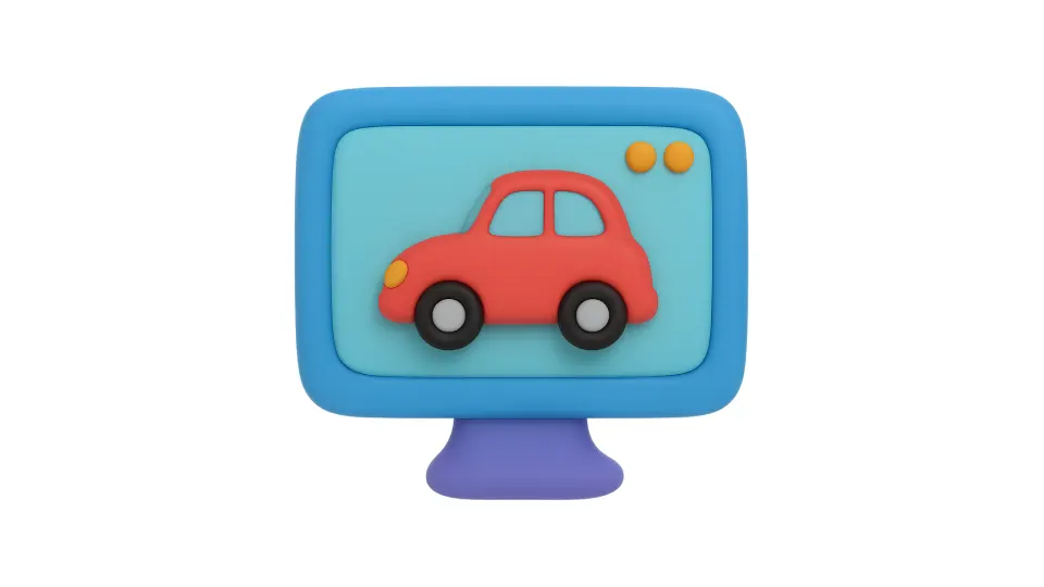llustration of a red car on a screen representing a car dealership or sales website.