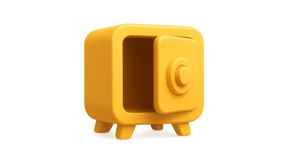 3D yellow safe symbolizing digital business assets and protected value.