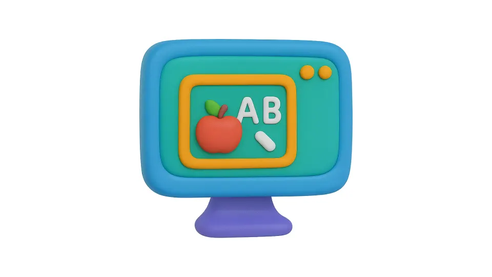 Educational illustration with an apple and letters on a screen representing a school website.