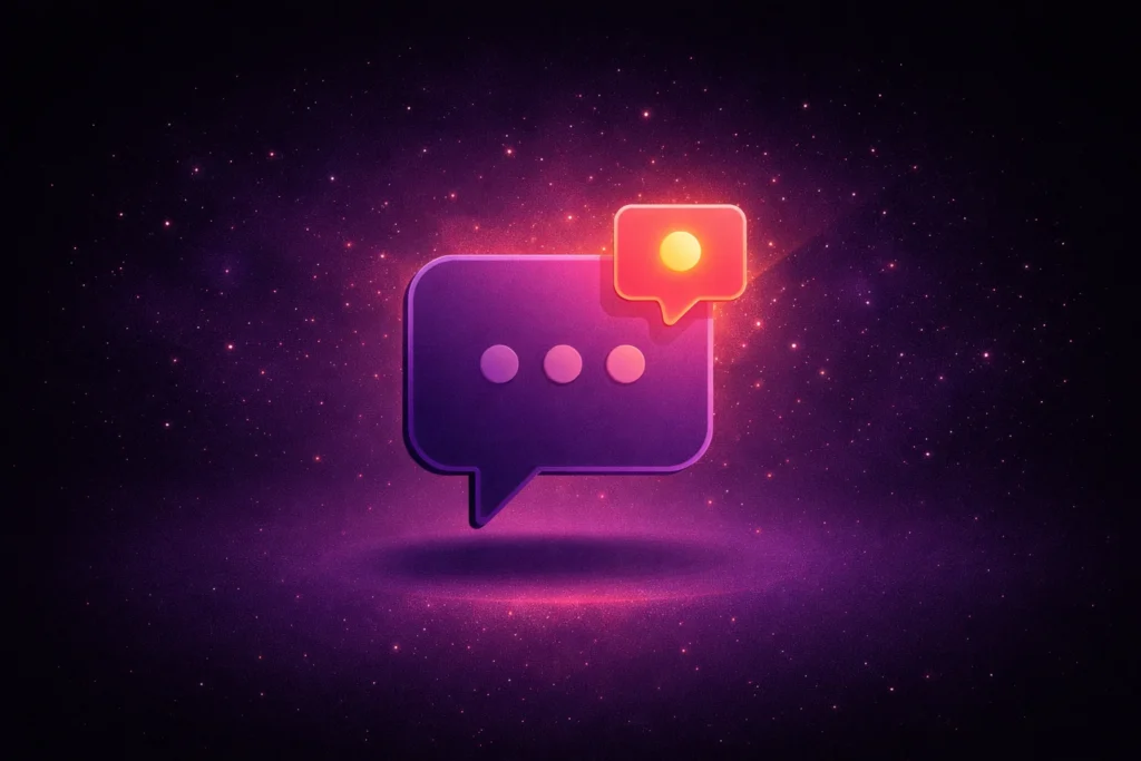 Two social media-style chat bubbles, one purple with three dots and one orange with a single dot