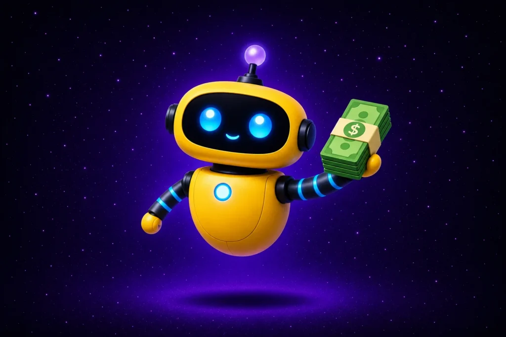 Yellow robot floating in a purple space background, holding money with a friendly and curious expression. Semi-flat illustration with soft lighting, subtle glow, and a modern aesthetic.