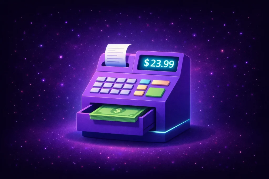 Purple cash register displaying 23.99 with a receipt printing out.