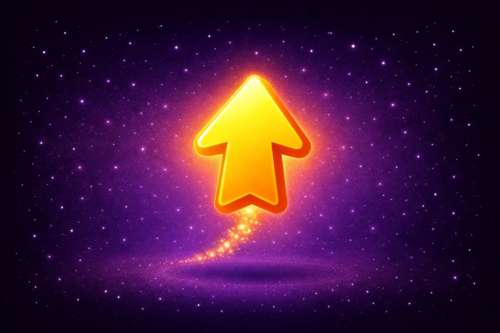 Gold arrow floating on a purple starry background representing growing