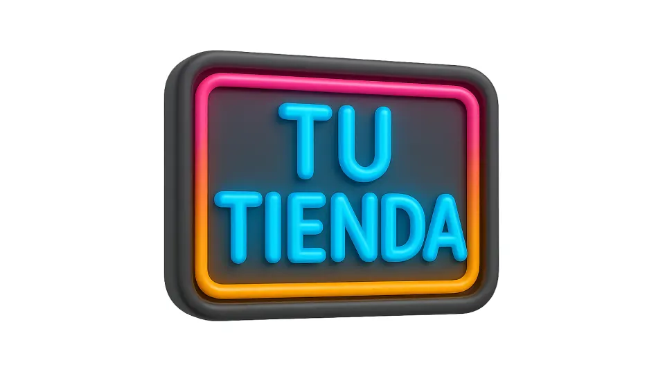 Cartel de neón brillante con “Tu tienda”, símbolo de una tienda moderna en línea.