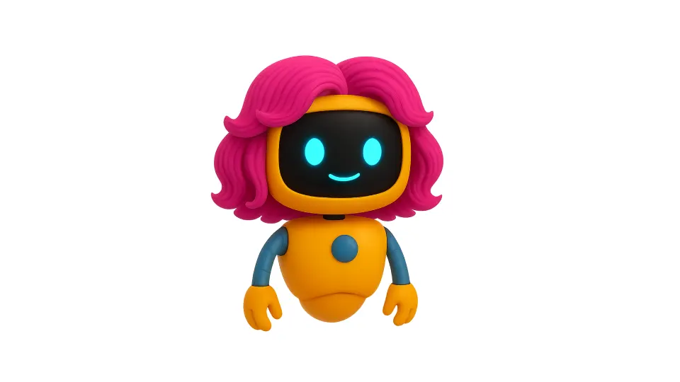 Robot simpático con pelo rosado y sonrisa encantadora, listo para halagar.