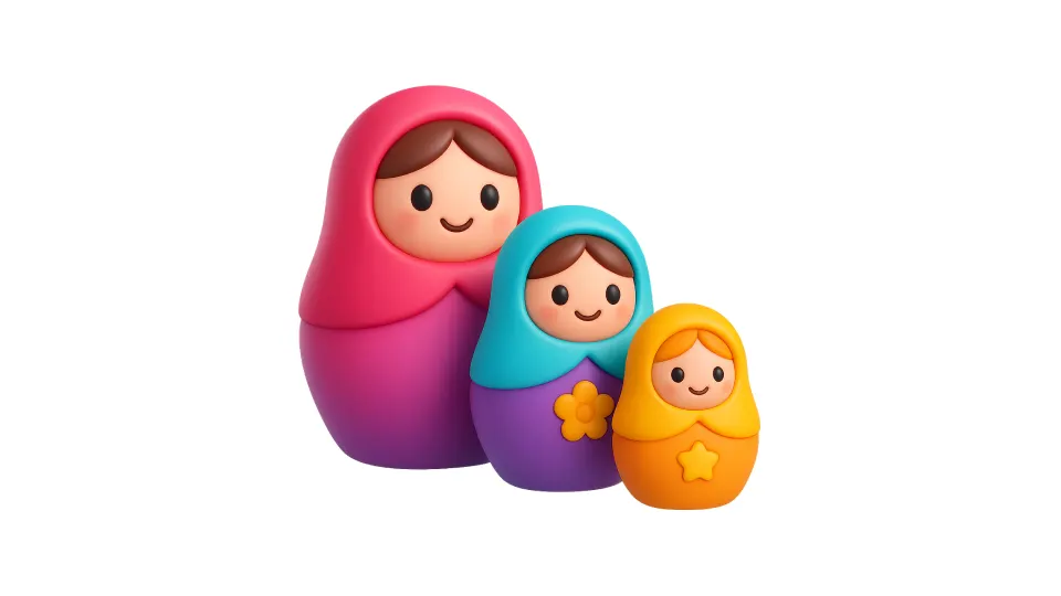 Mamuschka que representa cómo se relacionan sitio web, página web y landing page.