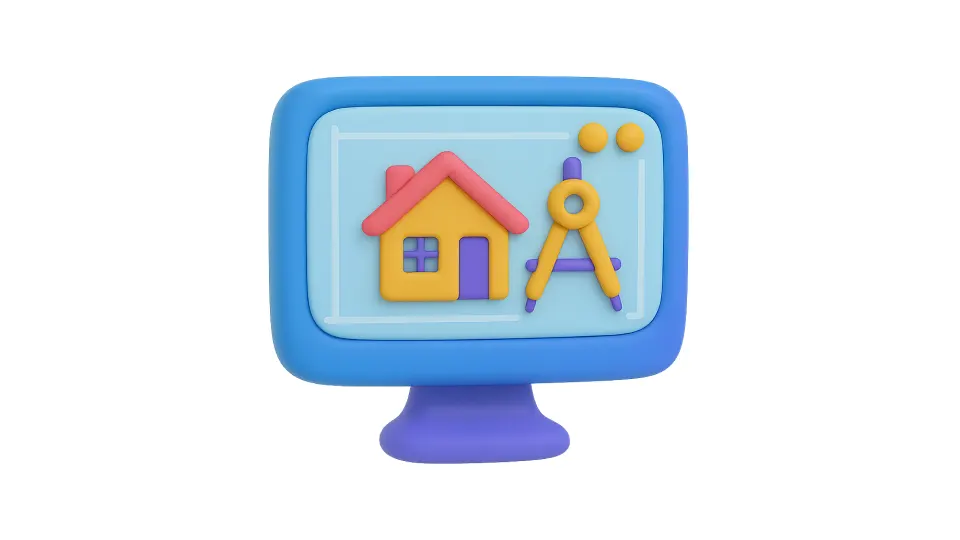 Ilustración de planos y casa en pantalla que representa un sitio web de arquitectos profesional.