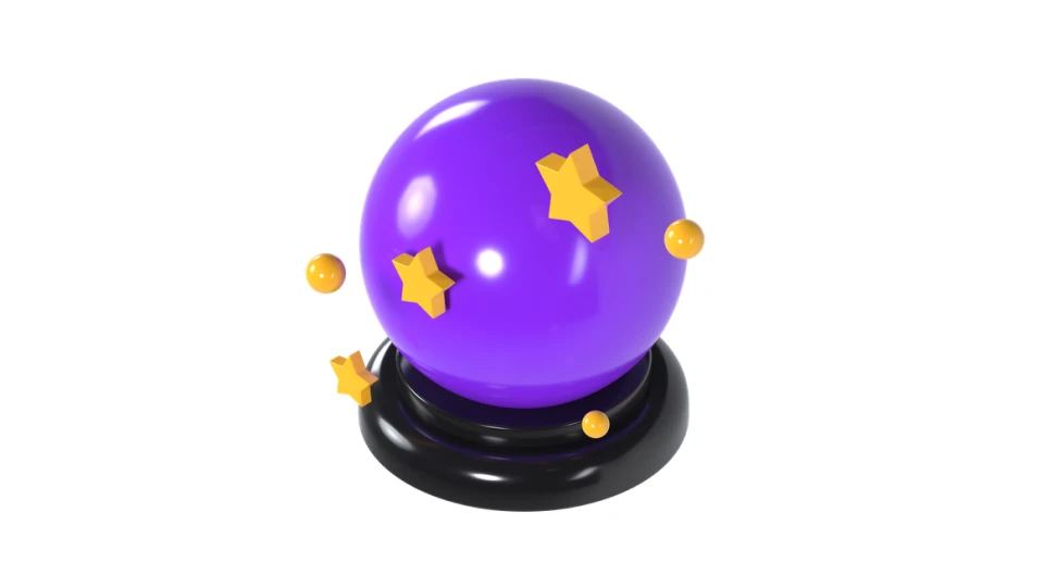 Una bola de cristal violeta sobre una base negra, con estrellas amarillas girando en torno, representando la capacidad de predicción en los negocios