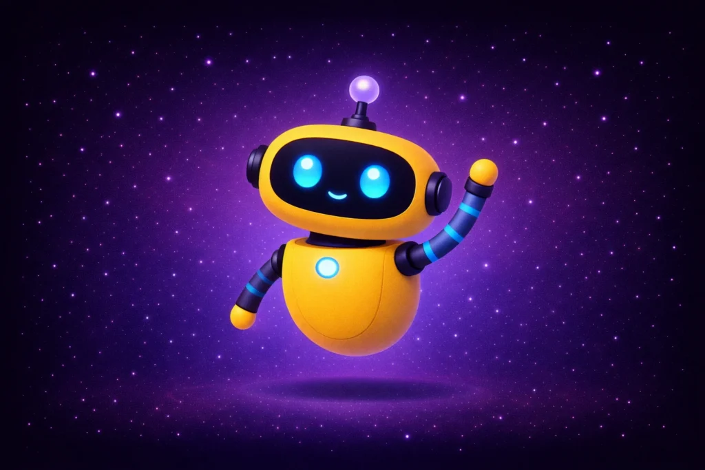 Robot amarillo como asistente de IA, saludando con el brazo izquierdo levantado, sobre un fondo de estrellas