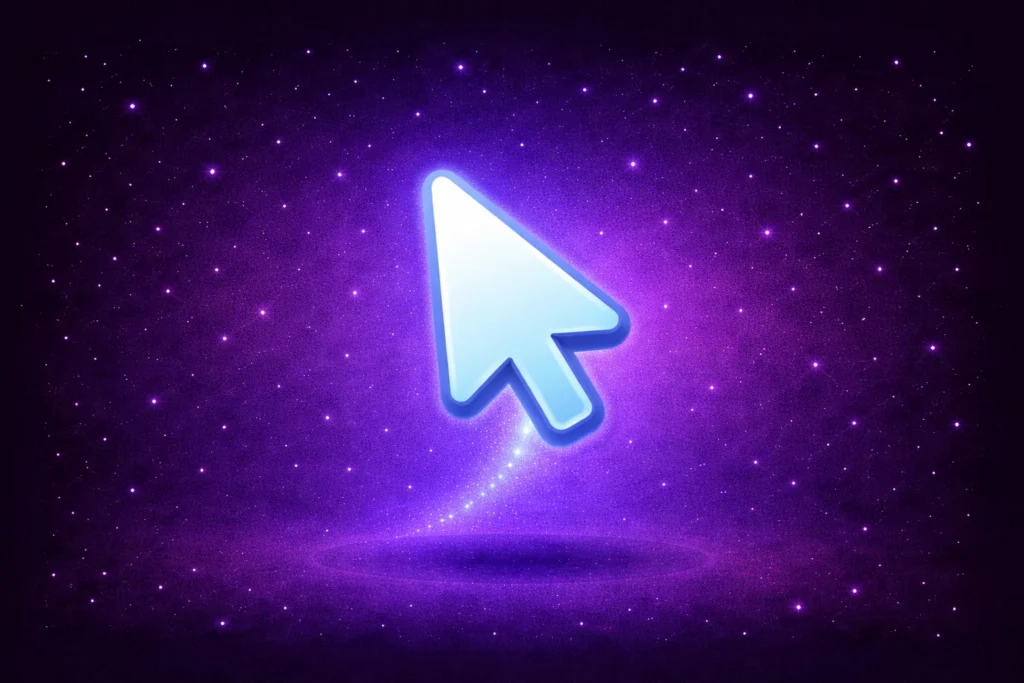 Cursor azul flotando sobre un fondo violeta con estrellas representando microinteracciones