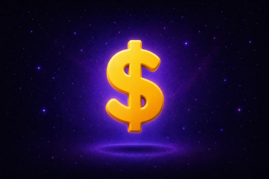 Símbolo de dinero en color dorado, sobre fondo estrellado azul oscuro