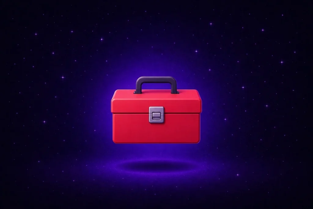 caja de herramientas roja flotando sobre fondo oscuro, simbolizando herramientas digitales