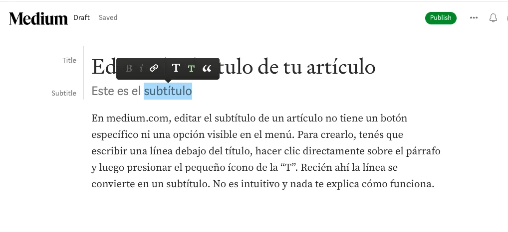 Captura de pantalla del medium.com mostrando el problema con el subtítulo
