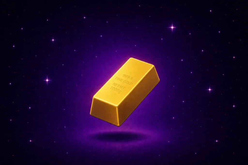 Un lingote de oro estilizado flotando sobre un fondo púrpura estrellado, iluminado por una suave luz cenital y rodeado por un sutil halo violeta que crea una estética futurista y elegante.